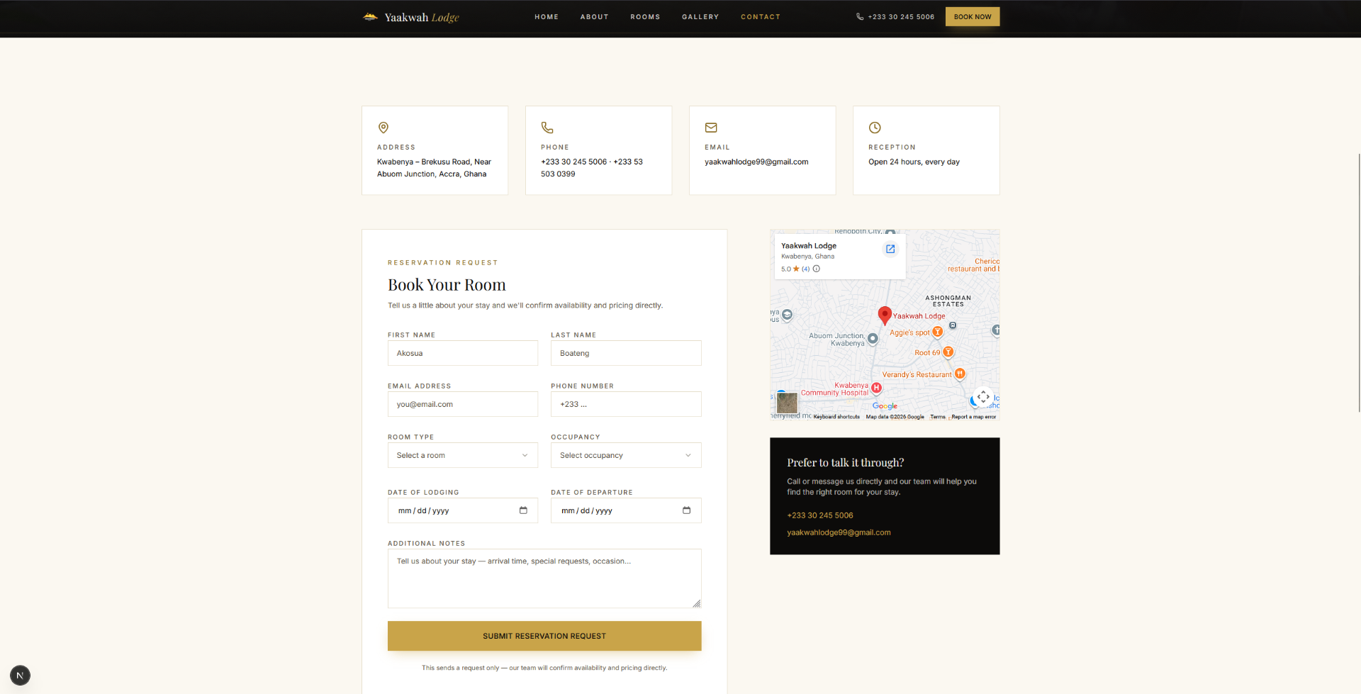 Yaakwah Lodge — Reservation request — Book Your Room — built by EKOF Studio